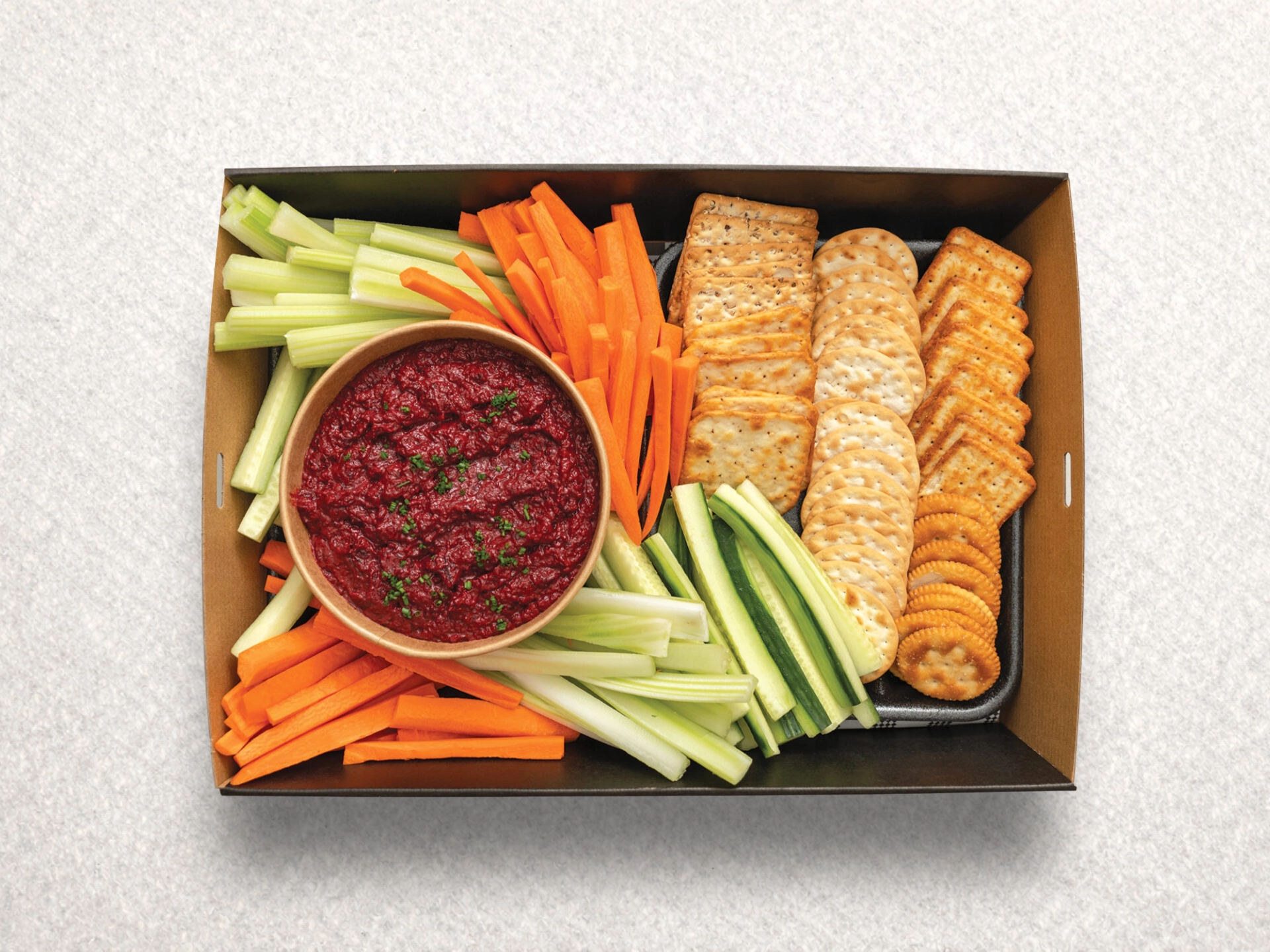 Betroot dip with veggie sticks and crackers Betroot dip with veggie sticks and crackers