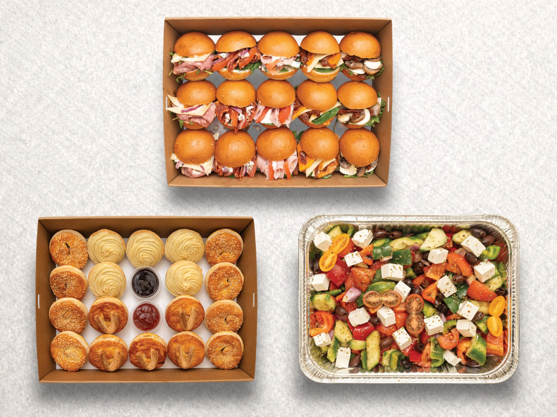Mini Milk Buns, Mini Pies, Greek Salad Mini Milk Buns, Mini Pies, Greek Salad