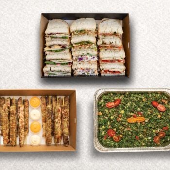 Sourdough, Chicken Skewers, Tabouli Lentil Salad.